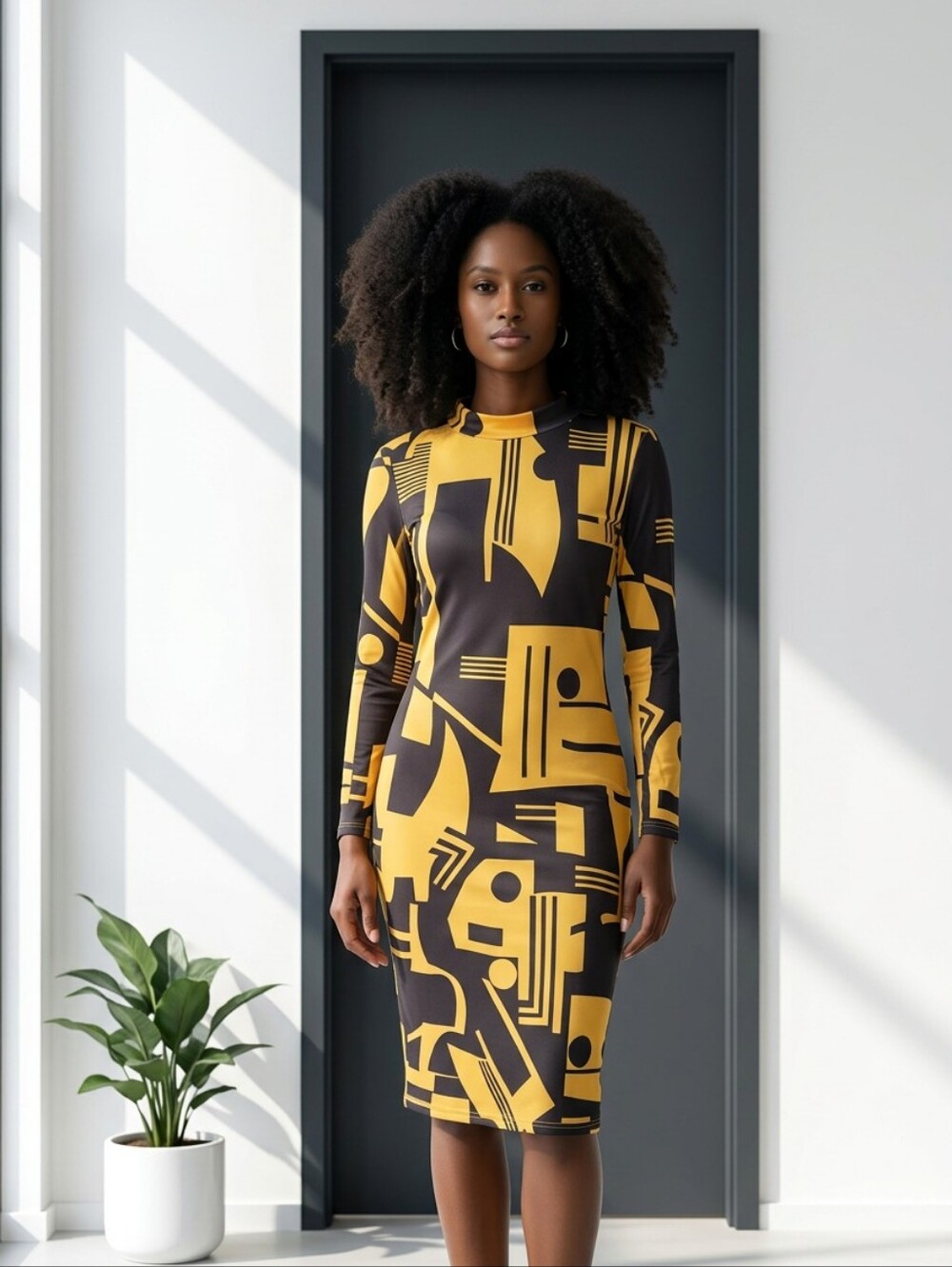 Bold Yellow & Black Geometric Long Sleeve Dress